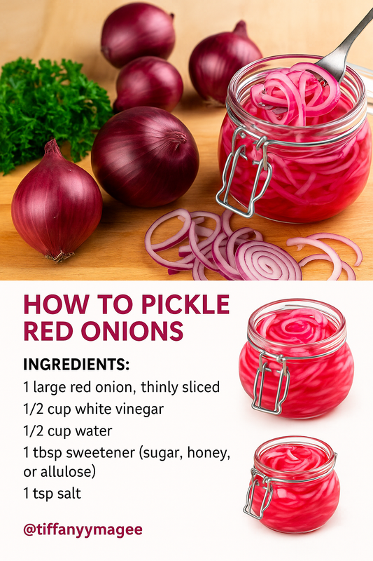 Ingredients for quick pickled red onions including red onion, vinegar, water, salt, and sweetener