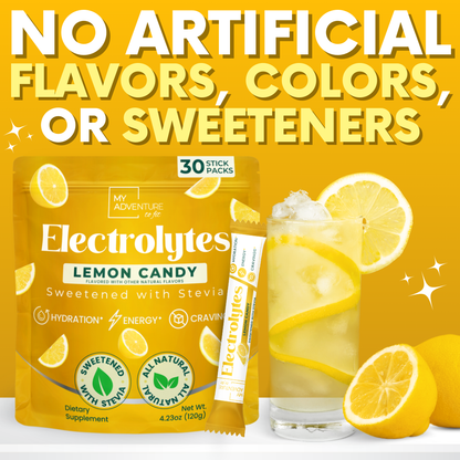 Lemon Candy Electrolytes Powder Stick Pack - 30 Servings - Zero Sugar - No Artificial Flavors, Colors or Sweeteners - 15 Sticks - 2-8X More Potassium - No Salty Taste - Refreshing Hydration - Caffeine Free Energy - Vegan, Keto & Paleo