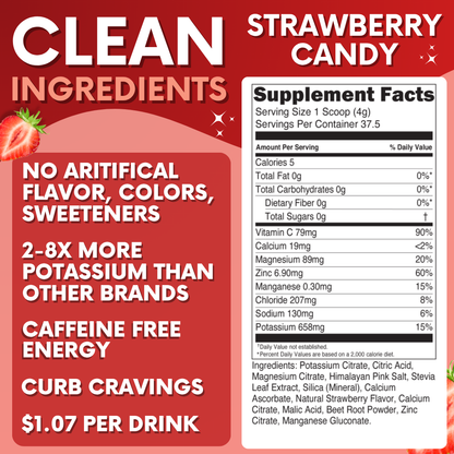 Strawberry Candy Electrolytes | ZERO SUGAR Hydration | 37 Servings