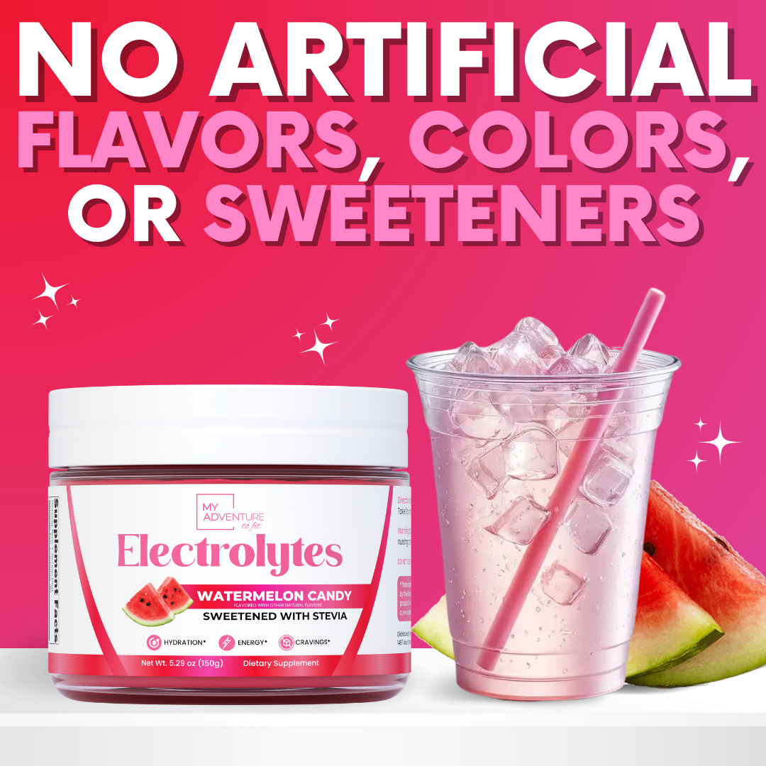 Close-up of My Adventure to Fit Watermelon Candy Electrolyte Powder – a sugar-free, vegan electrolyte supplement for hydration and energy.