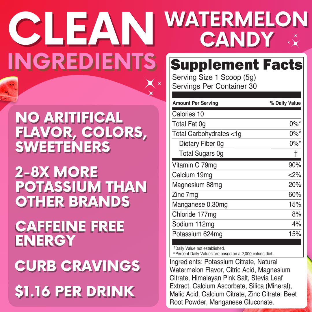 30 Servings, 10 Calories, Less than 1g of Carbs, 0g of sugar, 624mg of Potassium
