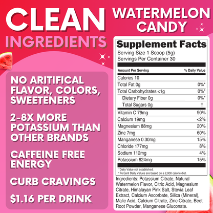 30 Servings, 10 Calories, Less than 1g of Carbs, 0g of sugar, 624mg of Potassium