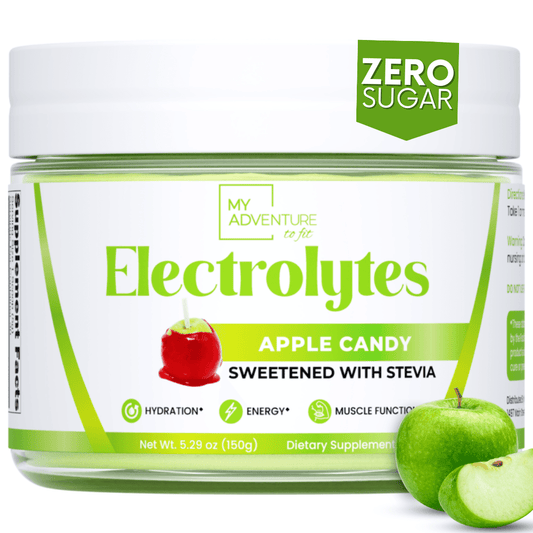 A container of My Adventure to Fit's Apple Candy flavored electrolytes powder, offering 30 servings of crisp apple-flavored hydration.