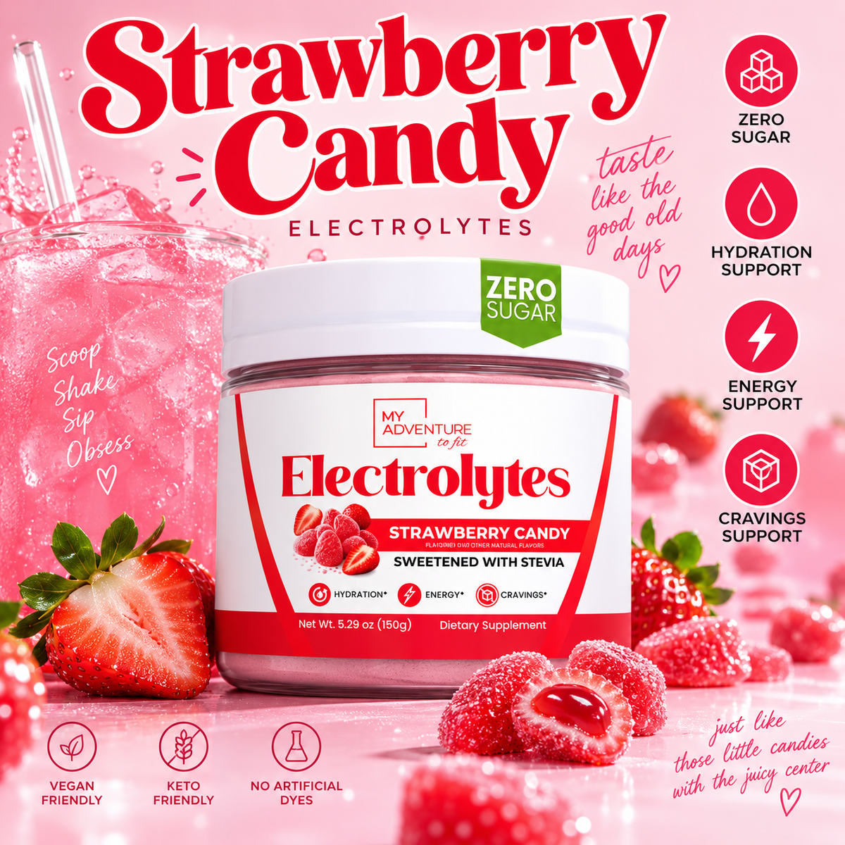 *limited edition* Strawberry Candy Electrolytes – 37 Serving Canister | Zero Sugar Hydration