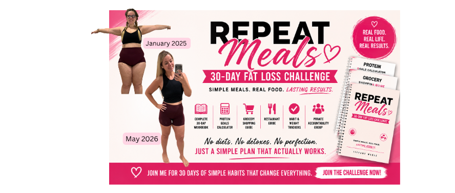 Advertisement for 'Repeat Meals' 30-day fat loss challenge with a woman in exercise attire.